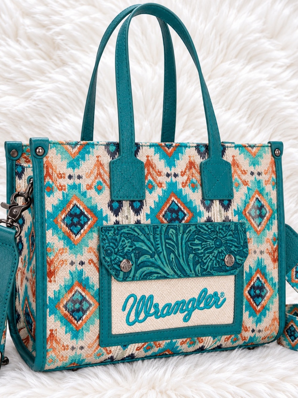 Wrangler Southwestern Aztec Tote Bag – Turquoise Teal with Crossbody Strap